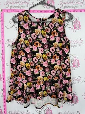 H&M Black Floral Sleeveless Peplum Tunic with Pink & Yellow Flowers